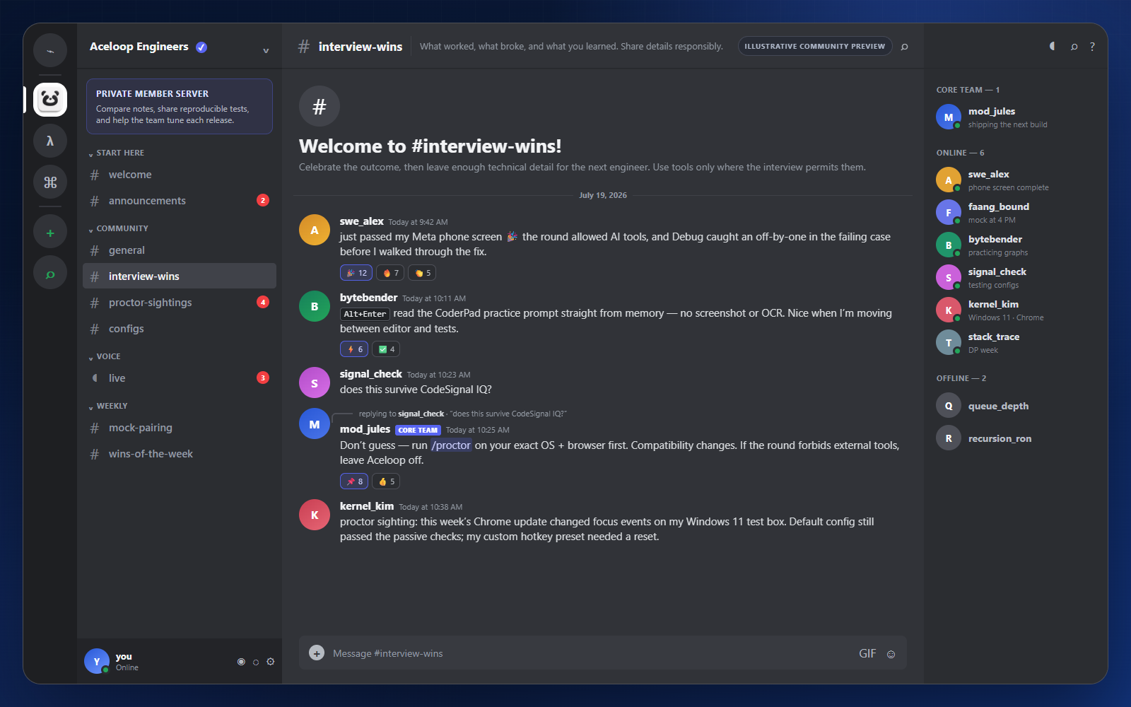 Illustrative preview of the Aceloop members Discord showing channels for interview wins, proctor sightings and configs, with members describing how a recent round went and how they used Solve and Debug.
